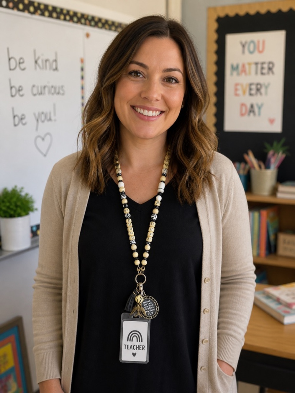 Teacher Beaded Lanyard – “Children Are Born With Wings” Charm